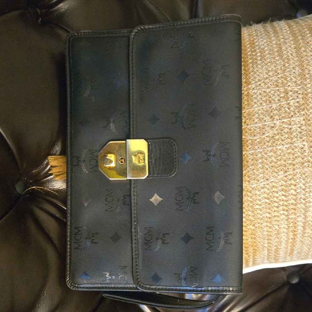 MCM Black Leather Clutch with Gold Lock